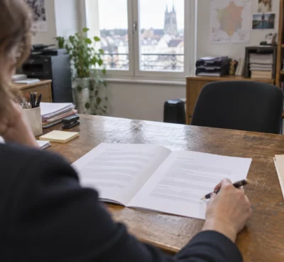 Contrat de travail ouvert sur un bureau usé, avec stylo et dossier papier, dans une permanence parlementaire aux rayonnages chargés.