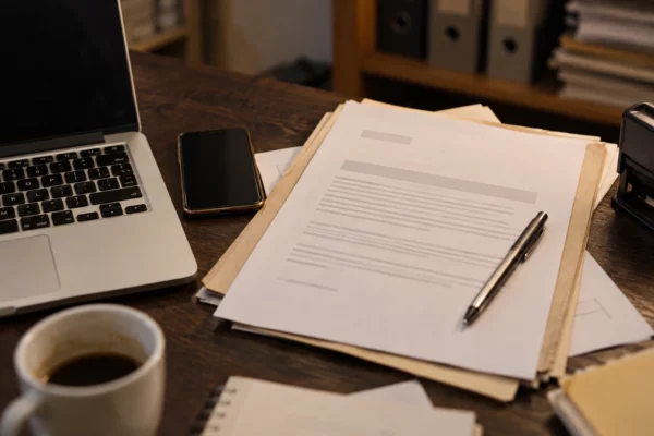 Un contrat de travail sur une chemise cartonnée, parmi des documents et du matériel informatique sur un bureau parlementaire.