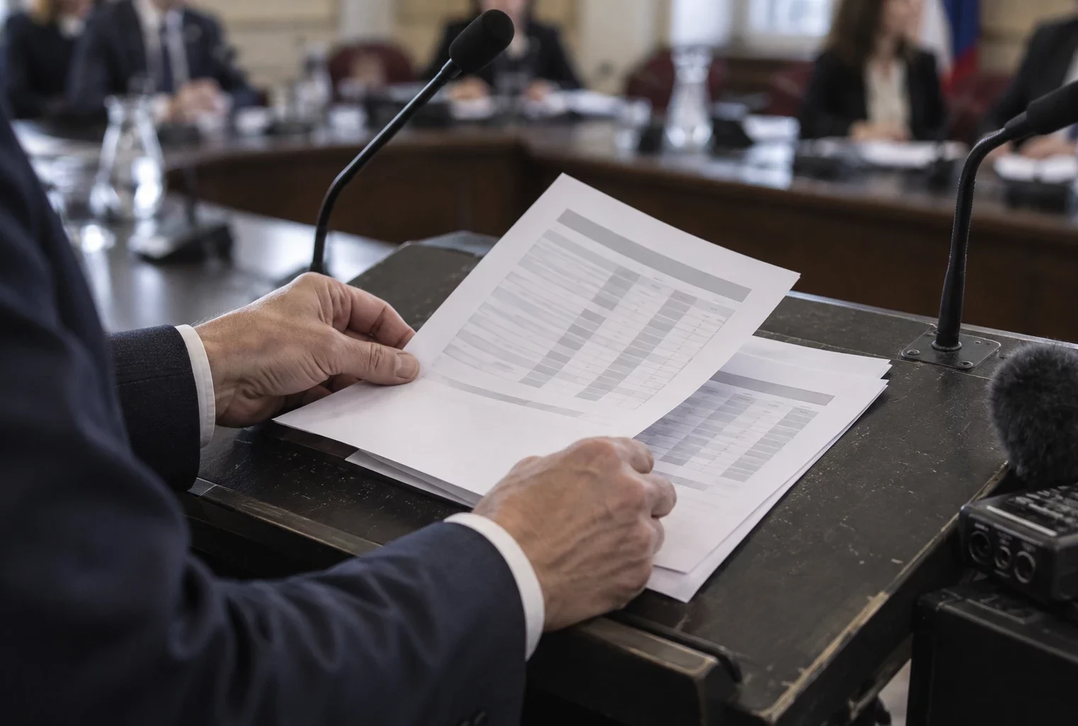 Des mains disposent des pages aux tableaux financiers abstraits sur un pupitre, dans une salle de réunion avec sièges et micros.