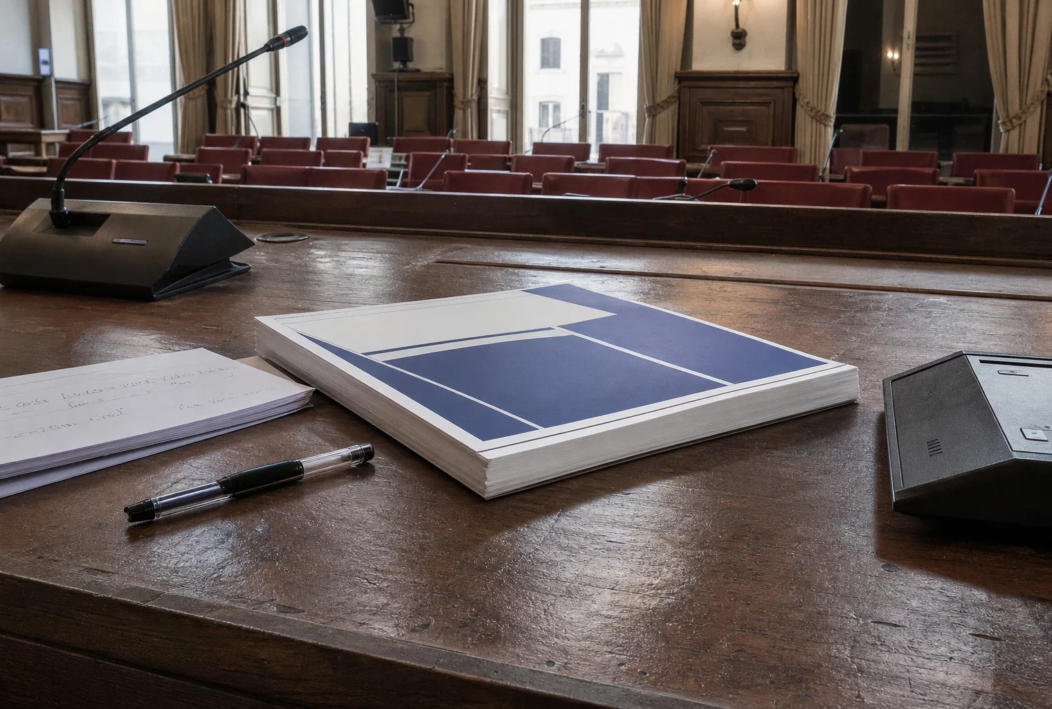 Un dossier de contre-budget posé sur une table, avec des micros et des feuilles, dans une salle de présentation politique.