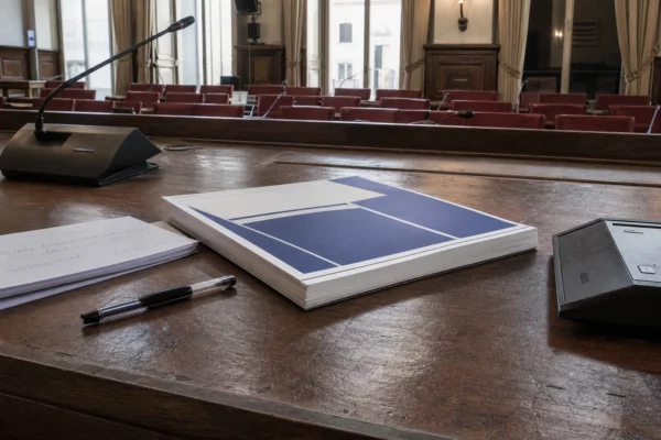 Un dossier de contre-budget posé sur une table, avec des micros et des feuilles, dans une salle de présentation politique.