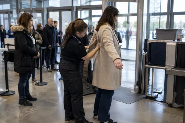 Une agente contrôle par-dessus ses vêtements une participante à l’entrée d’une salle de congrès, tandis que d’autres attendent.