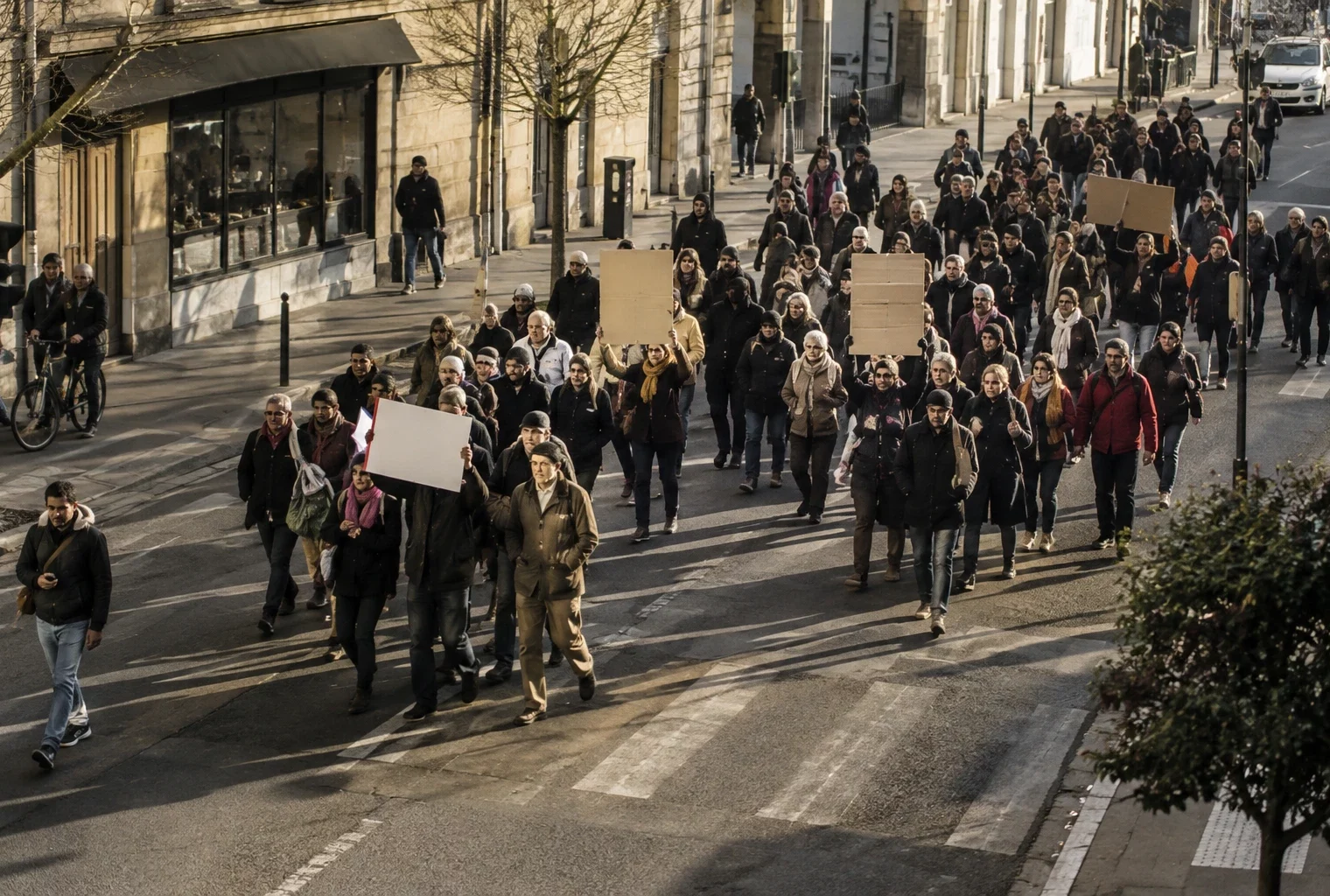 Un groupe de manifestants marche dans une rue de ville, quelques pancartes sans texte se détachant des façades.