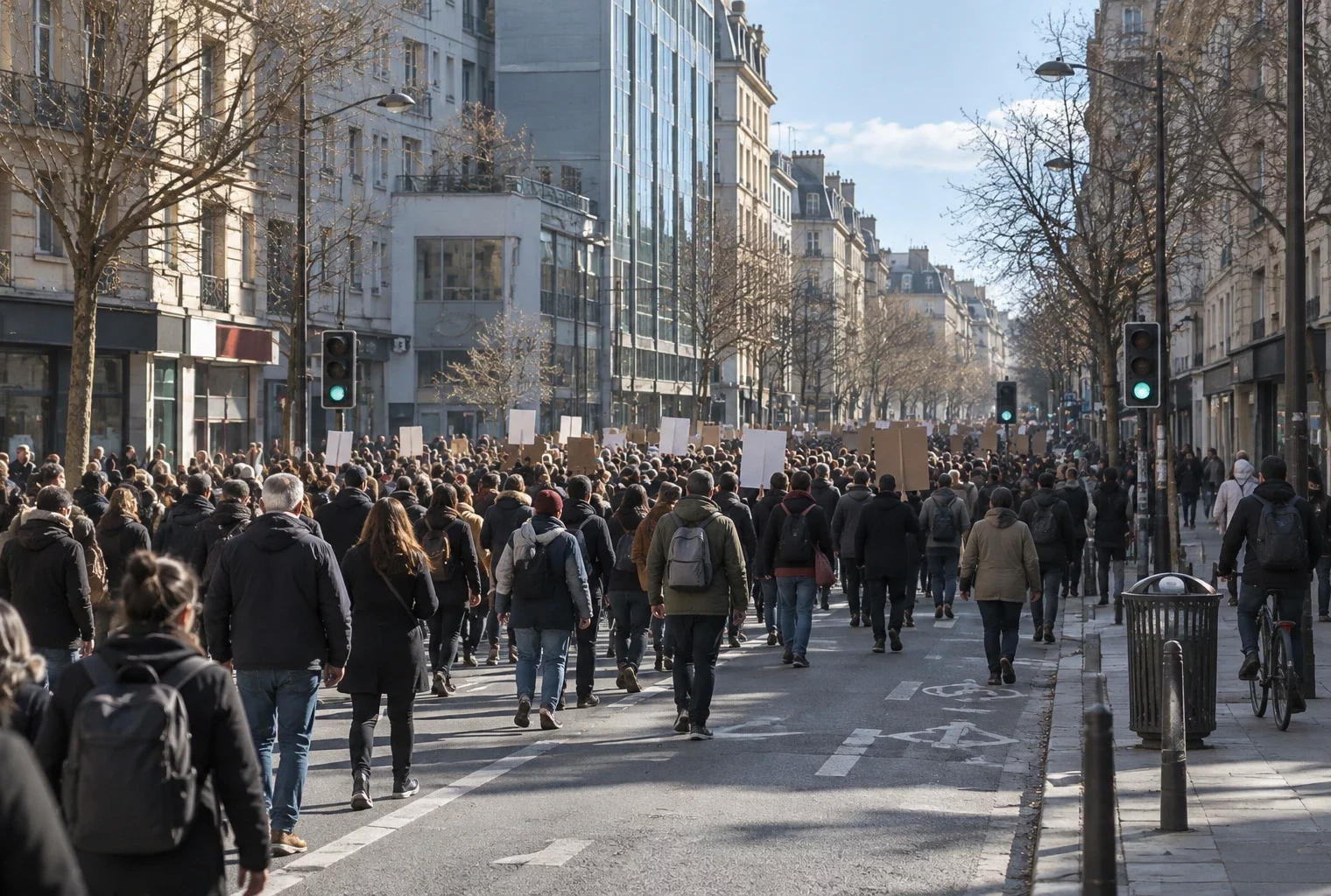 Un cortège de manifestants avance sur une avenue urbaine, entre des façades ordinaires et du mobilier de rue.