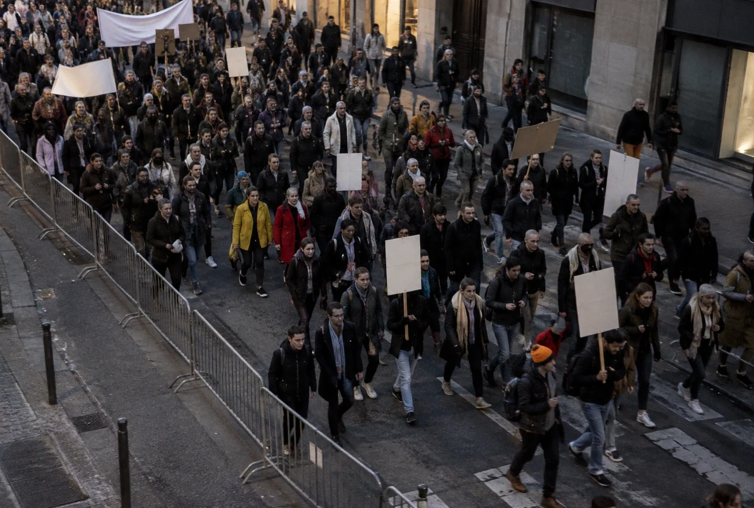 Un cortège de manifestants avance dans une rue bordée de façades, derrière des barrières métalliques et des pancartes illisibles.