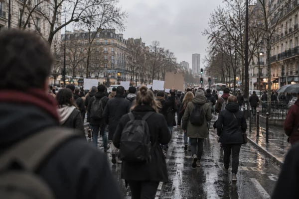 Un cortège de manifestants vus de dos avance sur une avenue parisienne mouillée, entre immeubles et mobilier urbain, sous un ciel gris.