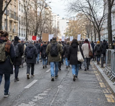 Un cortège de manifestants avance dans une rue parisienne bordée de façades, avec des barrières métalliques repliées sur le côté.