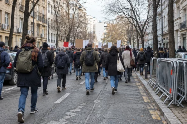 Un cortège de manifestants avance dans une rue parisienne bordée de façades, avec des barrières métalliques repliées sur le côté.