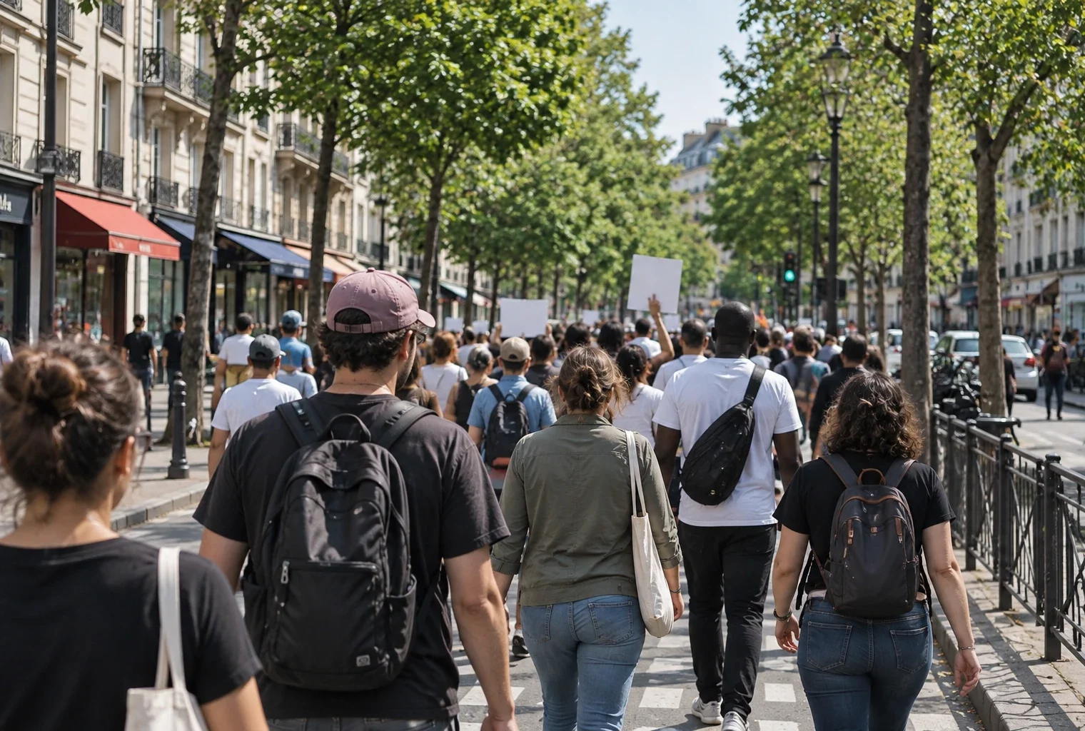 Un cortège de manifestants marche de dos sur une rue urbaine bordée d’arbres, de commerces et d’immeubles.