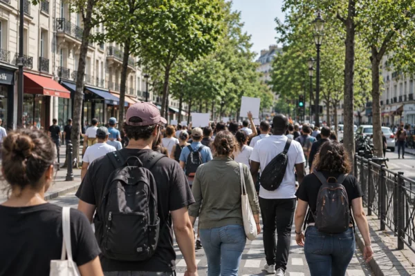 Un cortège de manifestants marche de dos sur une rue urbaine bordée d’arbres, de commerces et d’immeubles.