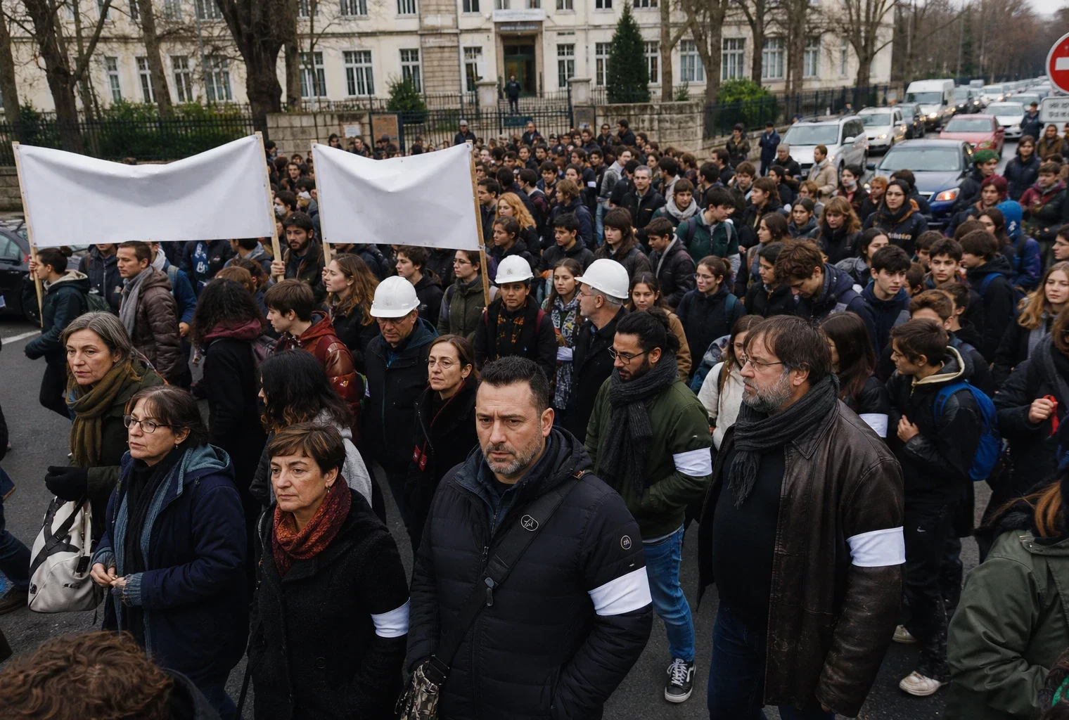 Des parents et adultes en brassards blancs encadrent un cortège lycéen devant un lycée français, rue bloquée et barrières visibles.
