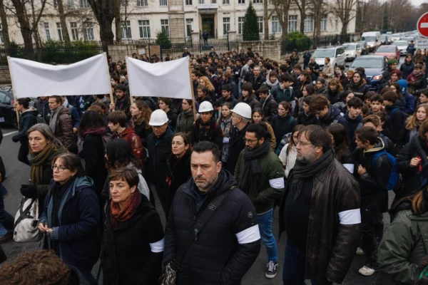 Des parents et adultes en brassards blancs encadrent un cortège lycéen devant un lycée français, rue bloquée et barrières visibles.
