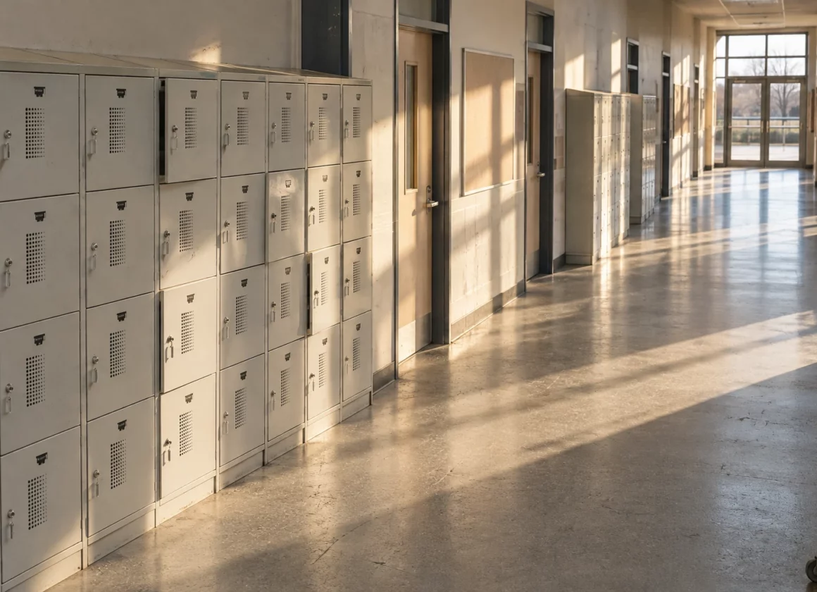 Couloir vide d’un collège, avec casiers métalliques usés et portes de classe fermées, éclairé par un soleil d’hiver rasant.