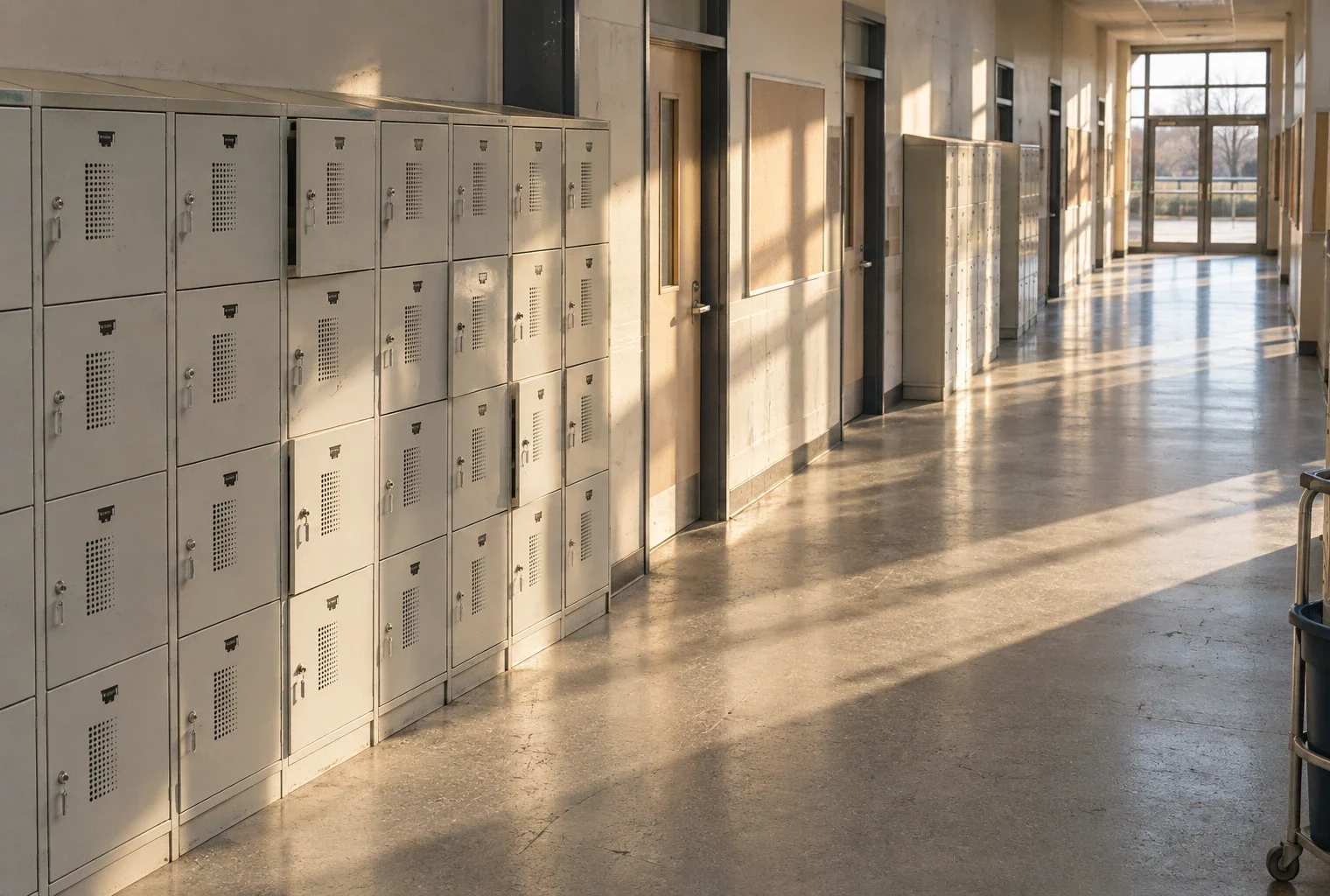 Couloir vide d’un collège, avec casiers métalliques usés et portes de classe fermées, éclairé par un soleil d’hiver rasant.