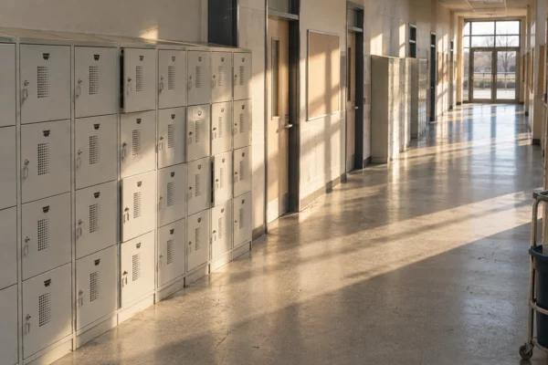 Couloir vide d’un collège, avec casiers métalliques usés et portes de classe fermées, éclairé par un soleil d’hiver rasant.