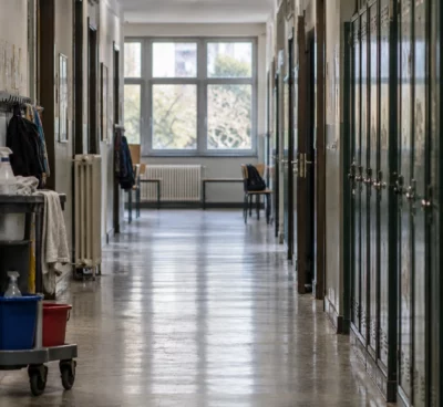 Couloir de collège public avec casiers verts usés, chariot d’entretien, radiateur et portes de classe sous la lumière des fenêtres.