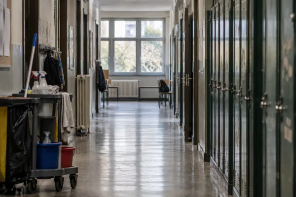Couloir de collège public avec casiers verts usés, chariot d’entretien, radiateur et portes de classe sous la lumière des fenêtres.