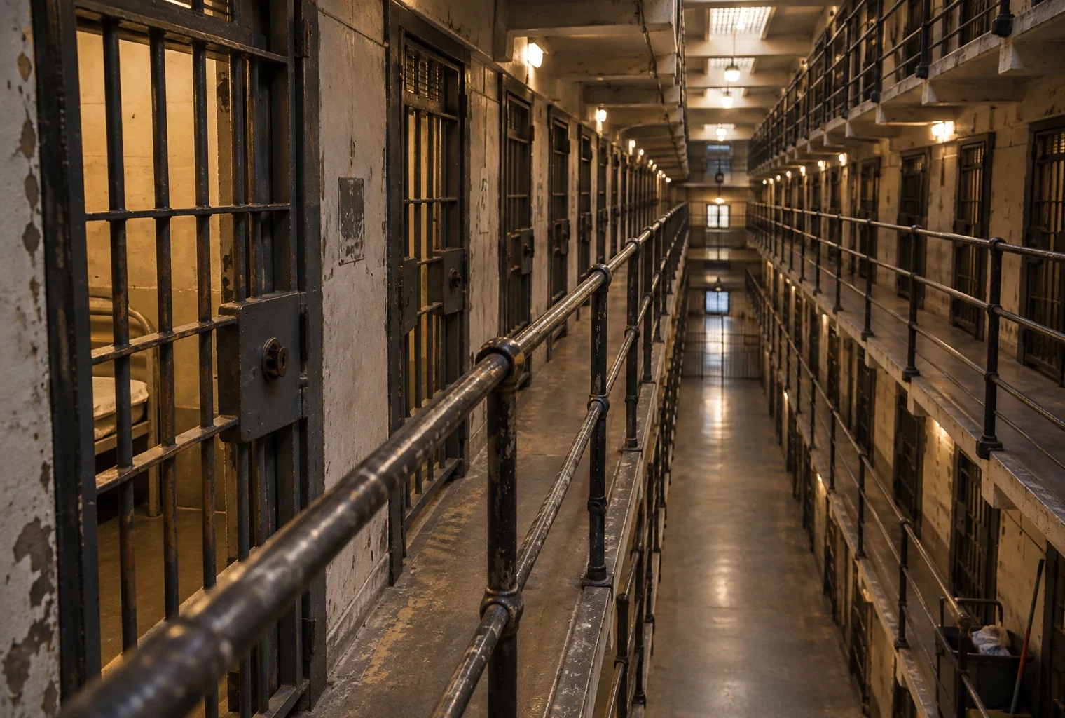 Vue plongeante sur un couloir de prison aux portes métalliques et grilles usées, avec une porte de cellule au premier plan.