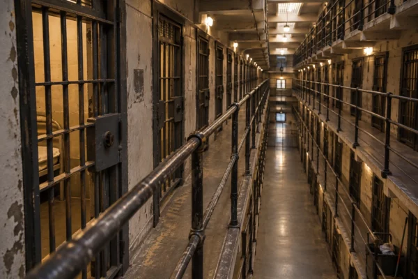 Vue plongeante sur un couloir de prison aux portes métalliques et grilles usées, avec une porte de cellule au premier plan.