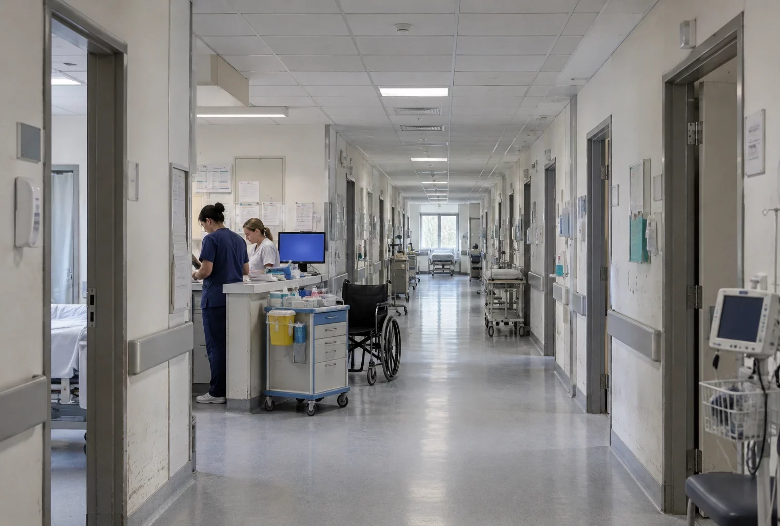 Un couloir d’hôpital en activité, avec un chariot de soins et un fauteuil roulant près du poste de soins.