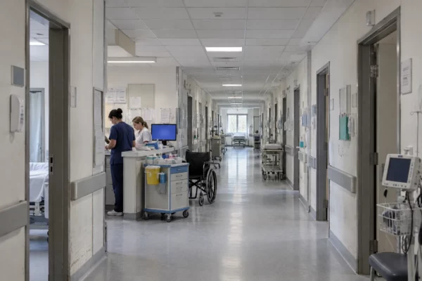 Un couloir d’hôpital en activité, avec un chariot de soins et un fauteuil roulant près du poste de soins.