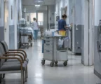 Chariot de soins dans un couloir d’hôpital ukrainien en activité, avec portes de chambres, matériel médical et personnel soignant.