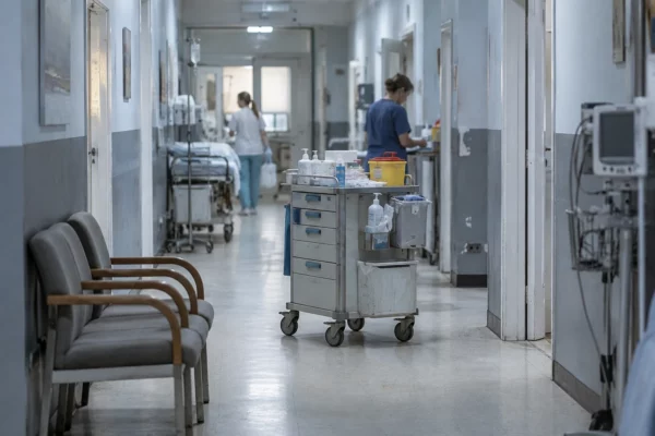 Chariot de soins dans un couloir d’hôpital ukrainien en activité, avec portes de chambres, matériel médical et personnel soignant.