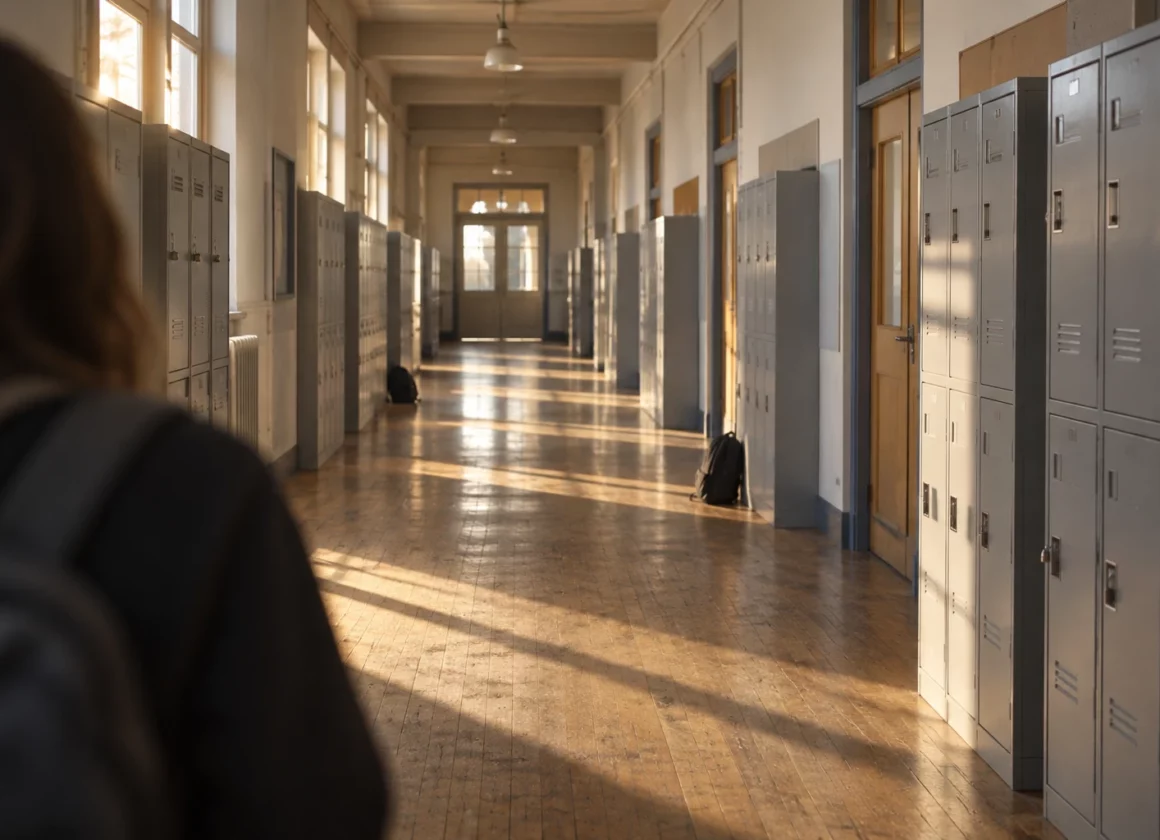 Couloir de lycée bordé de casiers métalliques et de portes de classe, avec un sol usé et une porte au fond.