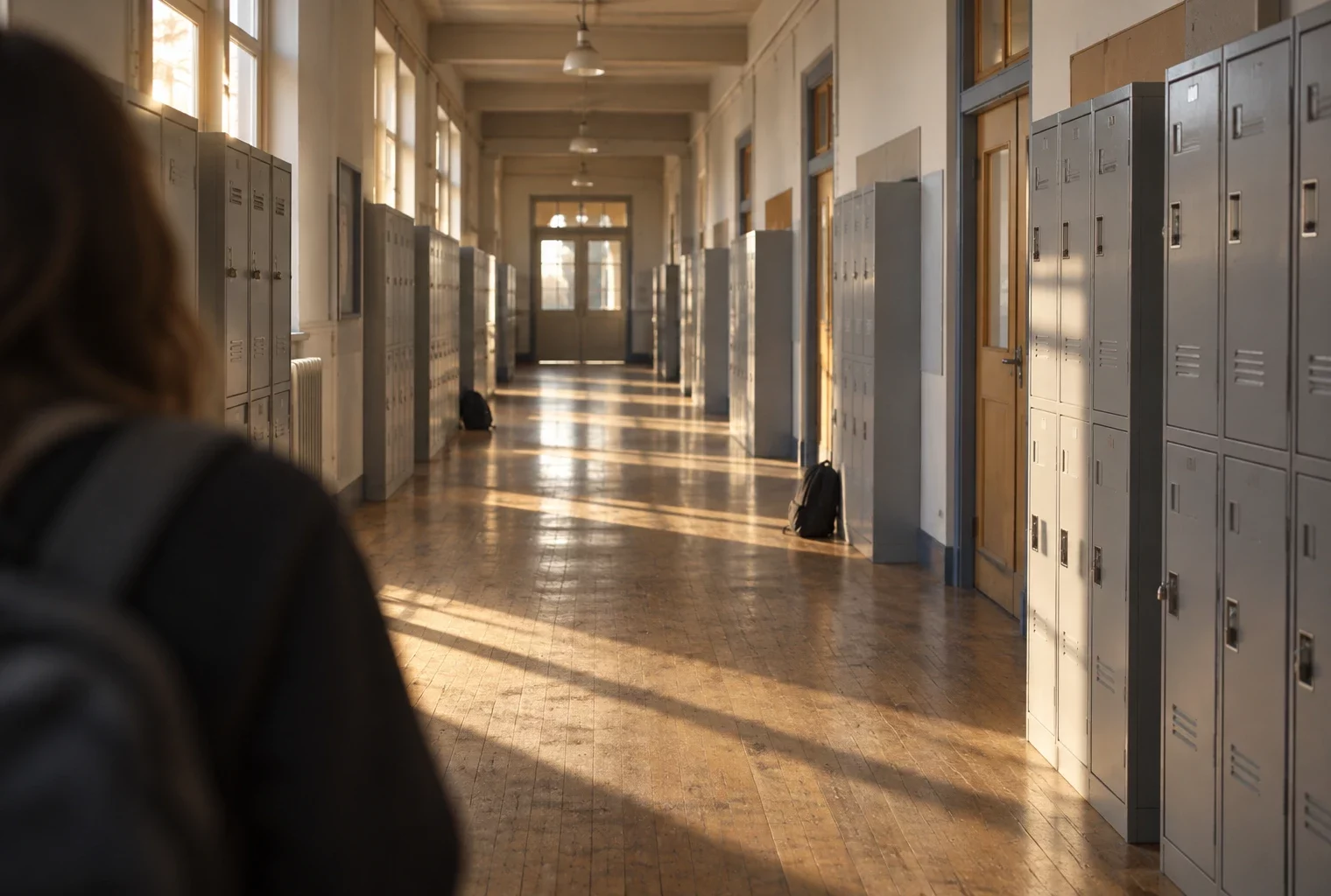 Couloir de lycée bordé de casiers métalliques et de portes de classe, avec un sol usé et une porte au fond.