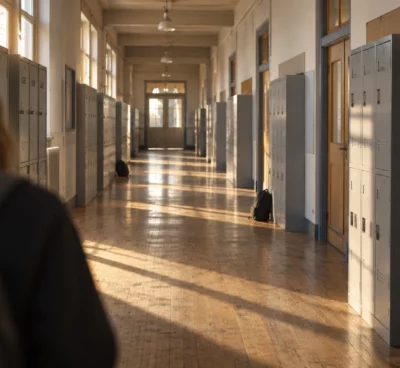 Couloir de lycée bordé de casiers métalliques et de portes de classe, avec un sol usé et une porte au fond.
