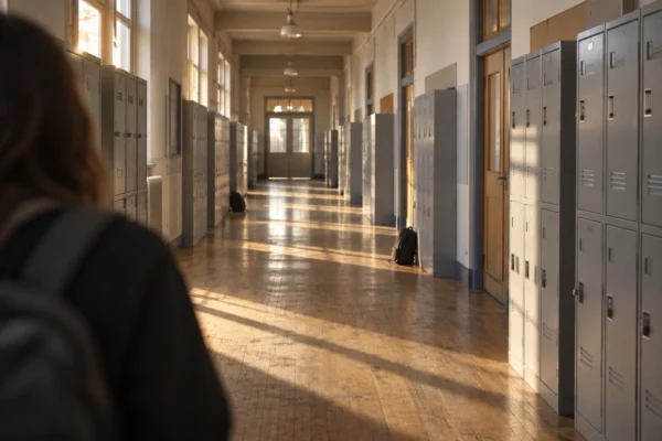 Couloir de lycée bordé de casiers métalliques et de portes de classe, avec un sol usé et une porte au fond.