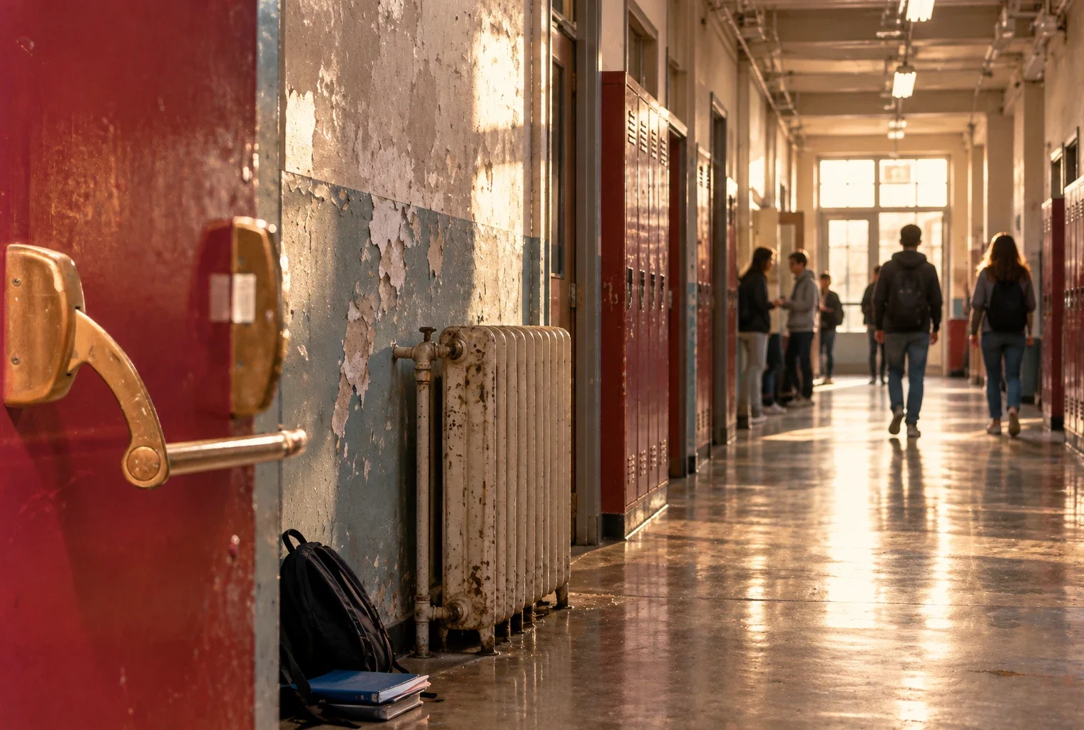 Un couloir de lycée usé, avec mur écaillé, radiateur ancien, casiers et portes de classes dans la profondeur.