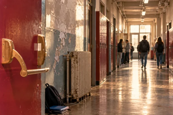 Un couloir de lycée usé, avec mur écaillé, radiateur ancien, casiers et portes de classes dans la profondeur.