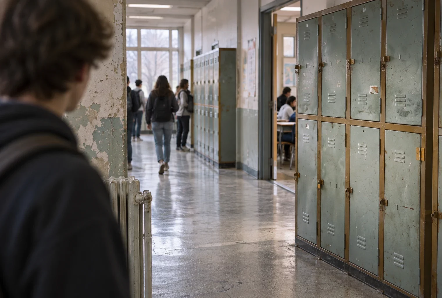 Dans un couloir de lycée, des casiers métalliques usés longent un mur écaillé, avec des portes de classe en arrière-plan.