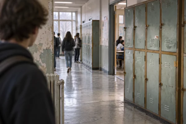 Dans un couloir de lycée, des casiers métalliques usés longent un mur écaillé, avec des portes de classe en arrière-plan.