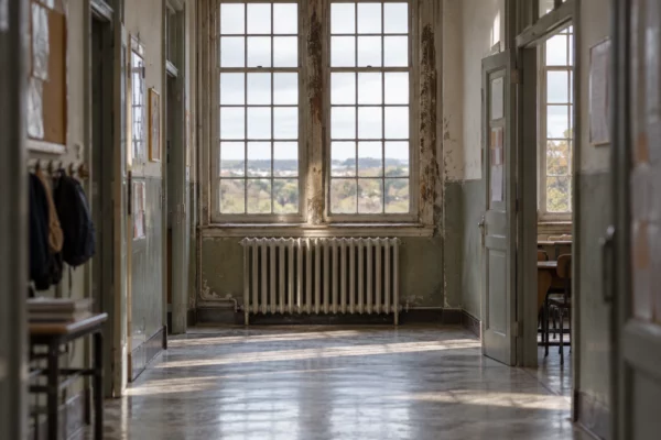 Couloir de lycée public avec un radiateur ancien sous une fenêtre et des portes de salles de classe aux murs usés.