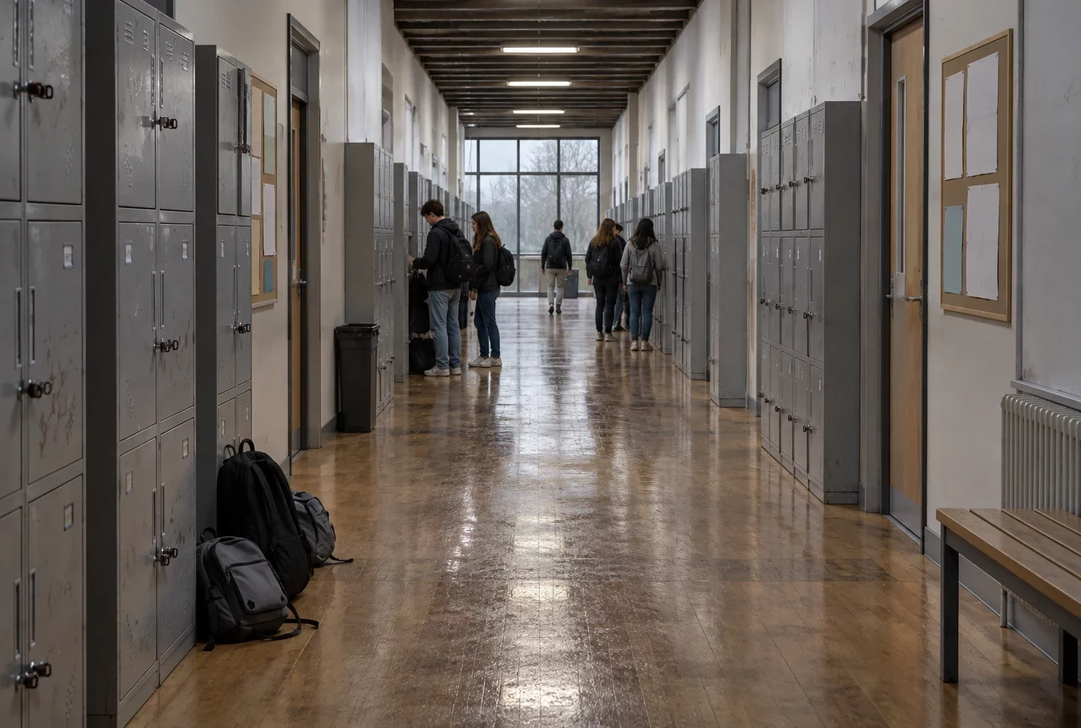 Couloir de lycée aux casiers métalliques, avec des sacs près d’un panneau vierge et quelques élèves au loin.