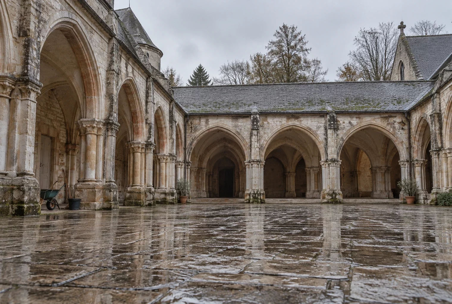 Cour pavée humide bordée de galeries en pierre et d’arcades anciennes, évoquant le lieu annoncé pour un village militant.