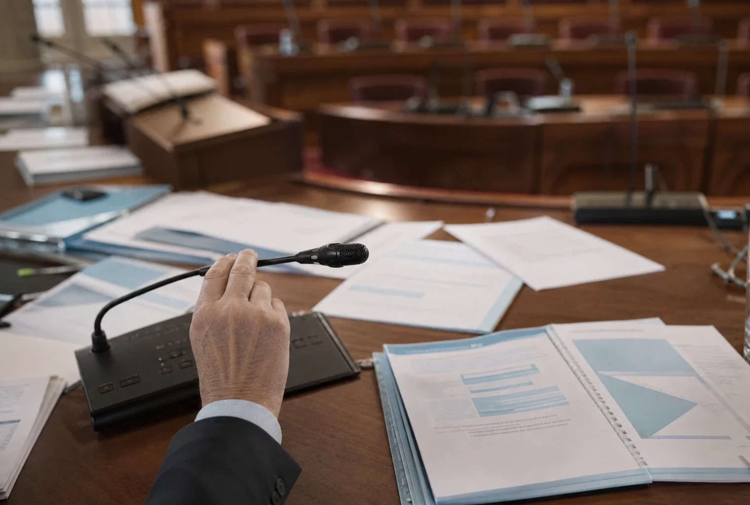 Réunion à la Cour des comptes : mains près d’un micro, dossiers budgétaires empilés et salle de conférence en arrière-plan.