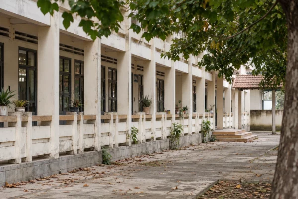 Cour d’école aux dalles usées et aux fenêtres répétées d’une façade, dans un état ordinaire avant rénovation.