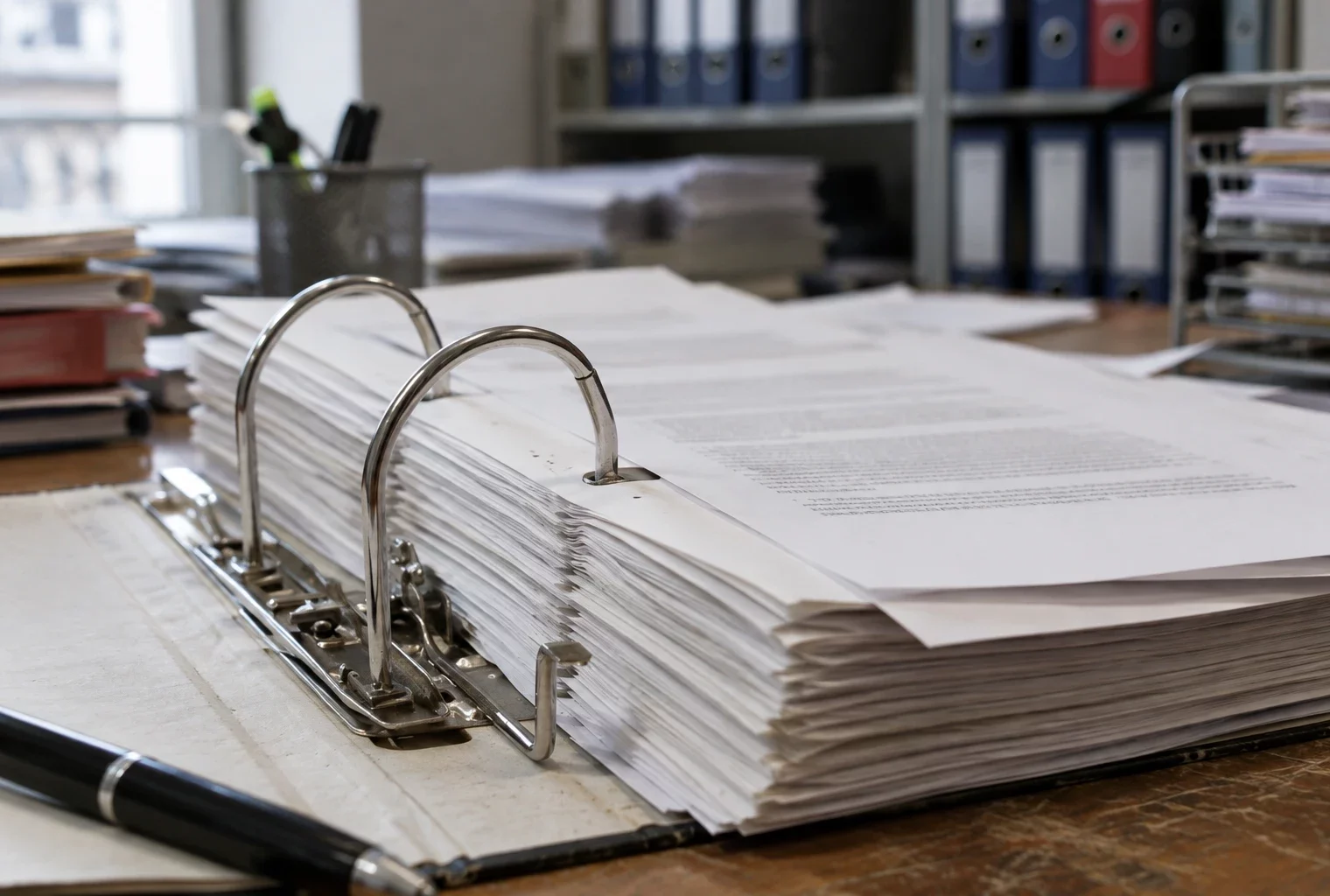 Un dossier administratif ouvert sur un bureau de traitement, avec des feuillets vierges et du matériel de classement en arrière-plan.