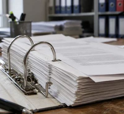 Un dossier administratif ouvert sur un bureau de traitement, avec des feuillets vierges et du matériel de classement en arrière-plan.