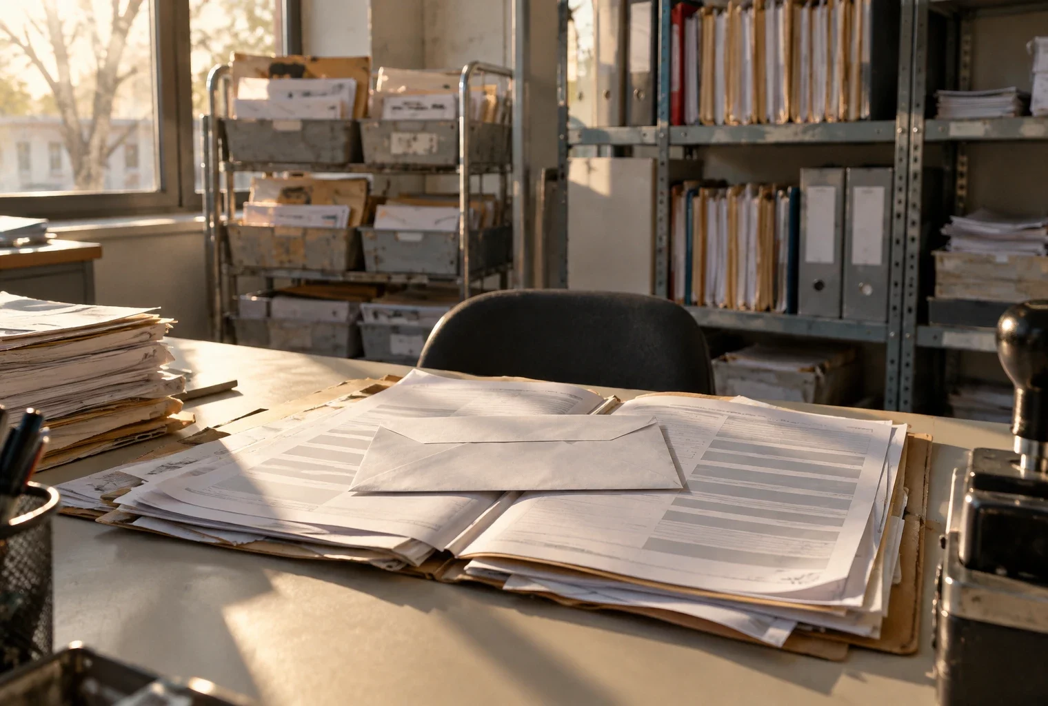 Un courrier sous enveloppe repose sur un dossier ouvert, dans un espace administratif avec bannettes et rayonnages de dossiers.