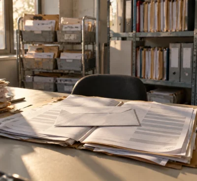 Un courrier sous enveloppe repose sur un dossier ouvert, dans un espace administratif avec bannettes et rayonnages de dossiers.