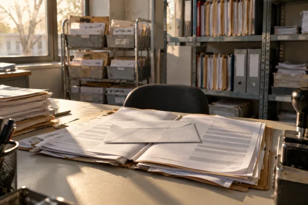 Un courrier sous enveloppe repose sur un dossier ouvert, dans un espace administratif avec bannettes et rayonnages de dossiers.