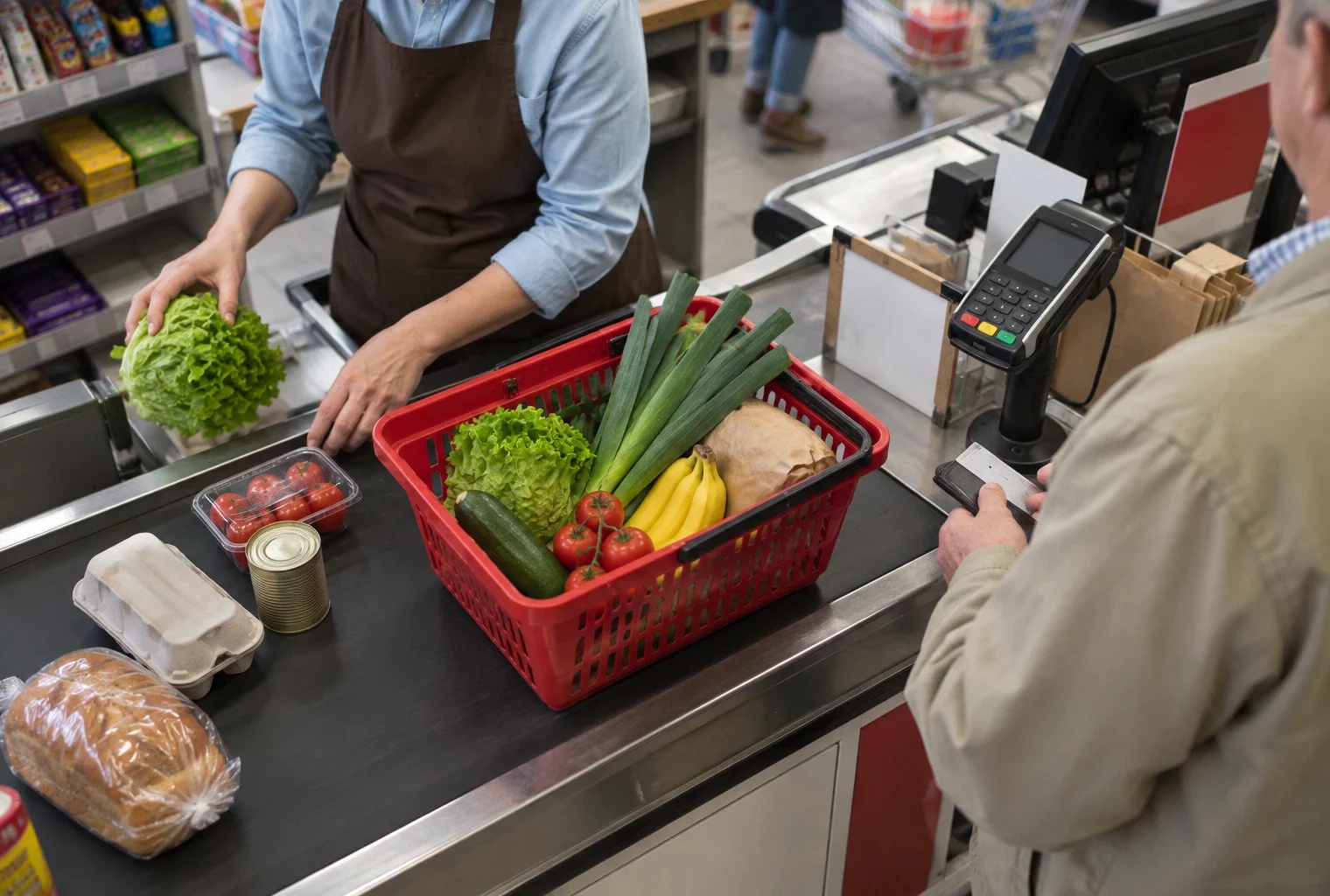 Un panier de courses rempli de produits alimentaires et quelques articles sur le tapis roulant d’une caisse de supermarché.