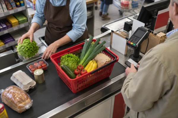 Un panier de courses rempli de produits alimentaires et quelques articles sur le tapis roulant d’une caisse de supermarché.