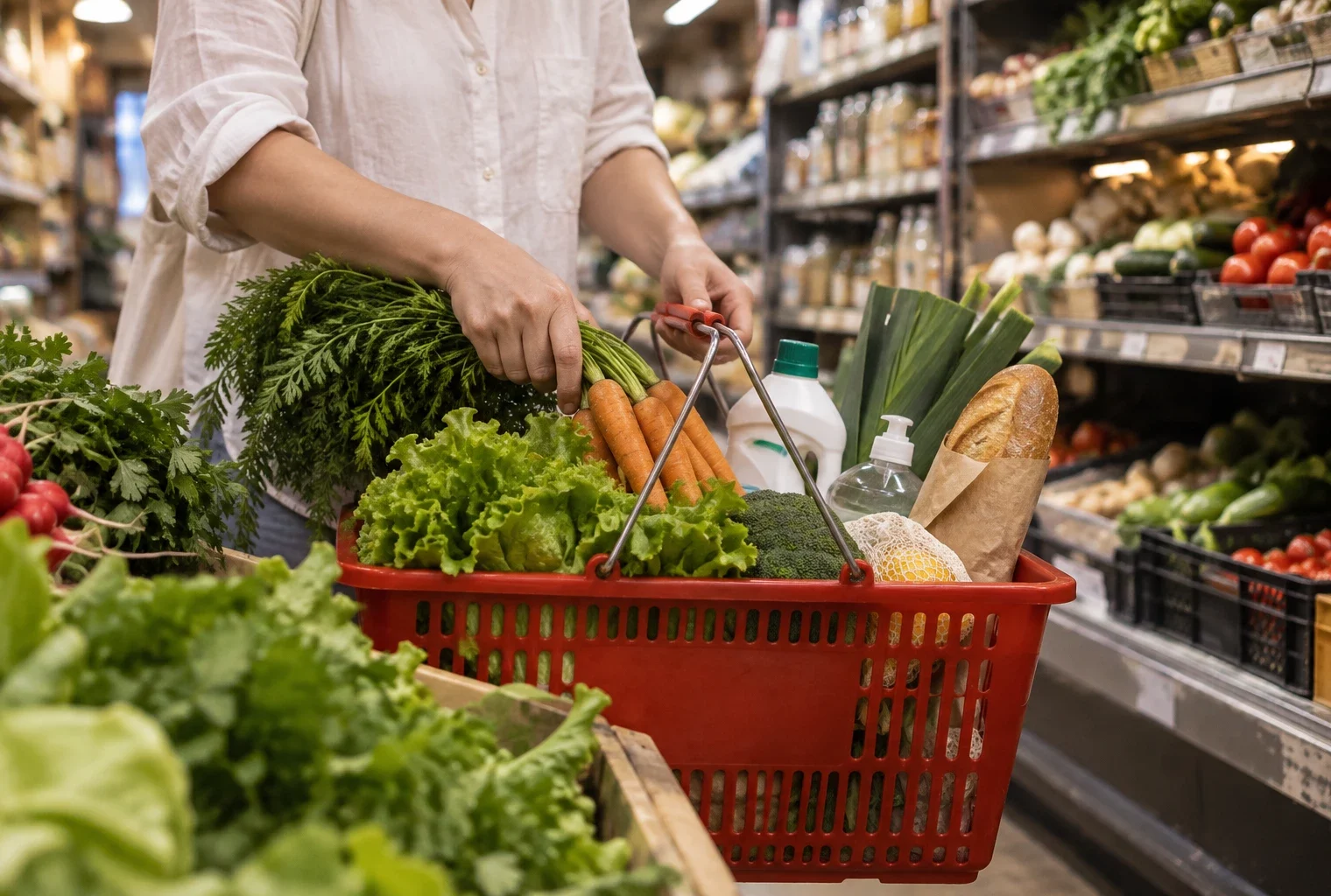 Un panier rouge rempli de légumes, d’aliments et de produits ménagers dans une supérette, près de rayons garnis.