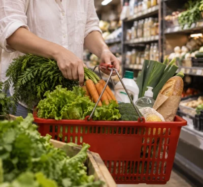 Un panier rouge rempli de légumes, d’aliments et de produits ménagers dans une supérette, près de rayons garnis.