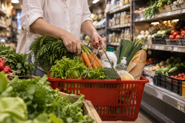 Un panier rouge rempli de légumes, d’aliments et de produits ménagers dans une supérette, près de rayons garnis.